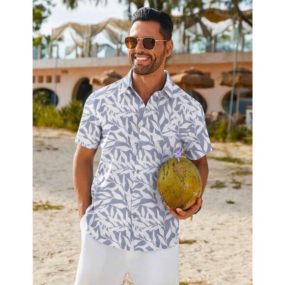 Mens Lite Gray Hawaiian Shirt Short Sleeve Button Down Tropical Floral Beachwear - Picture 2 of 6